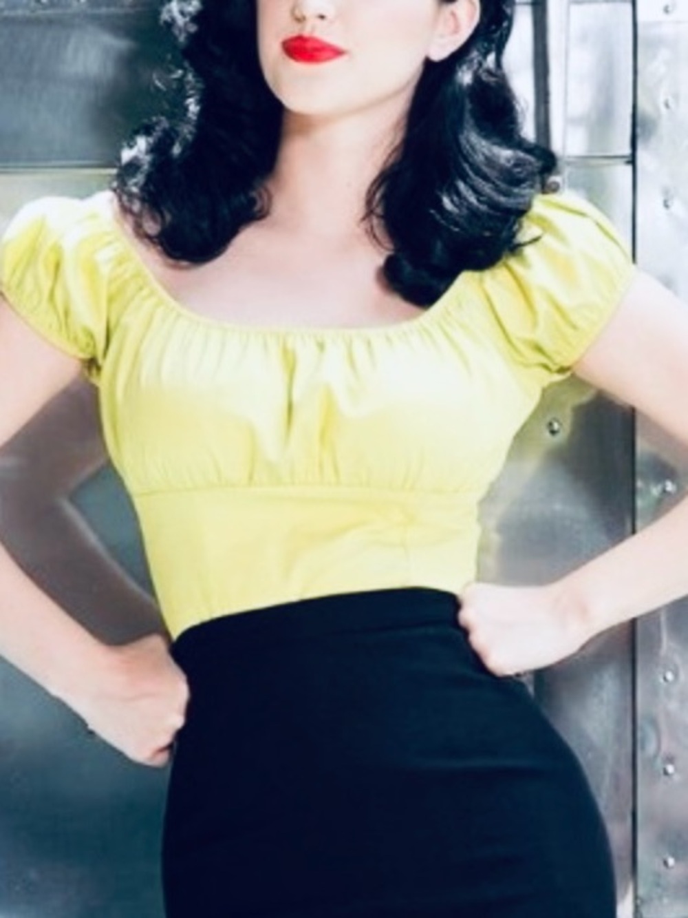 Pinup Couture Yellow Off-Shoulder Puff Sleeve Peasant Top